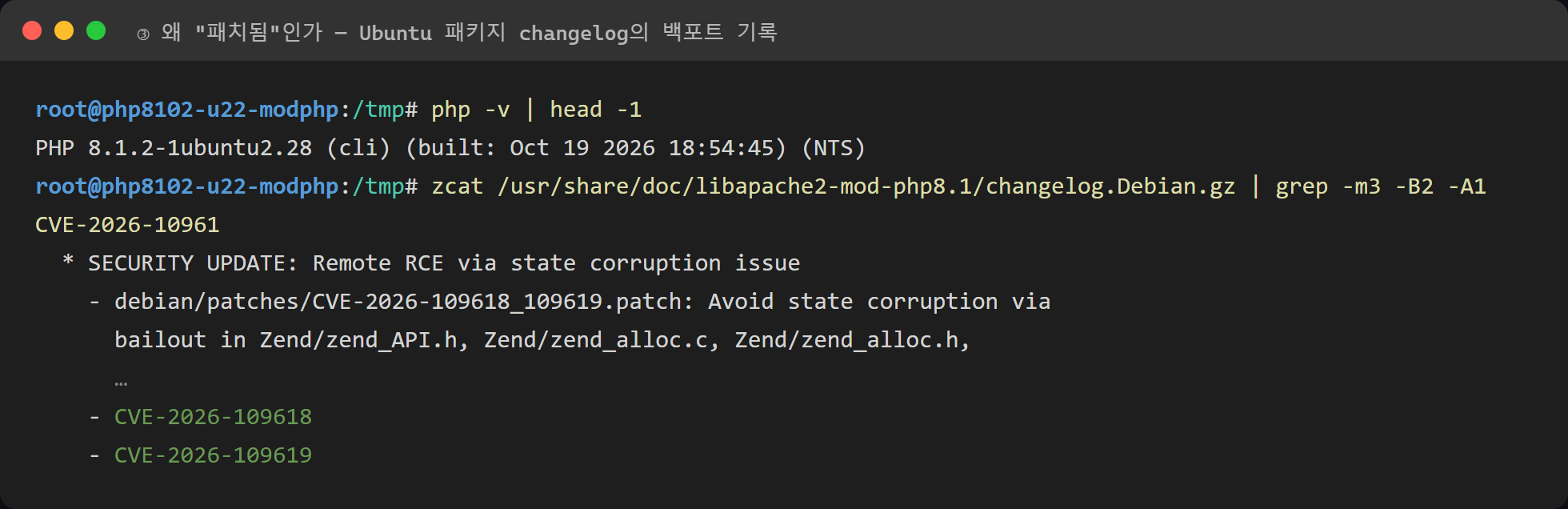 Ubuntu 패키지 changelog의 CVE 백포트 기록