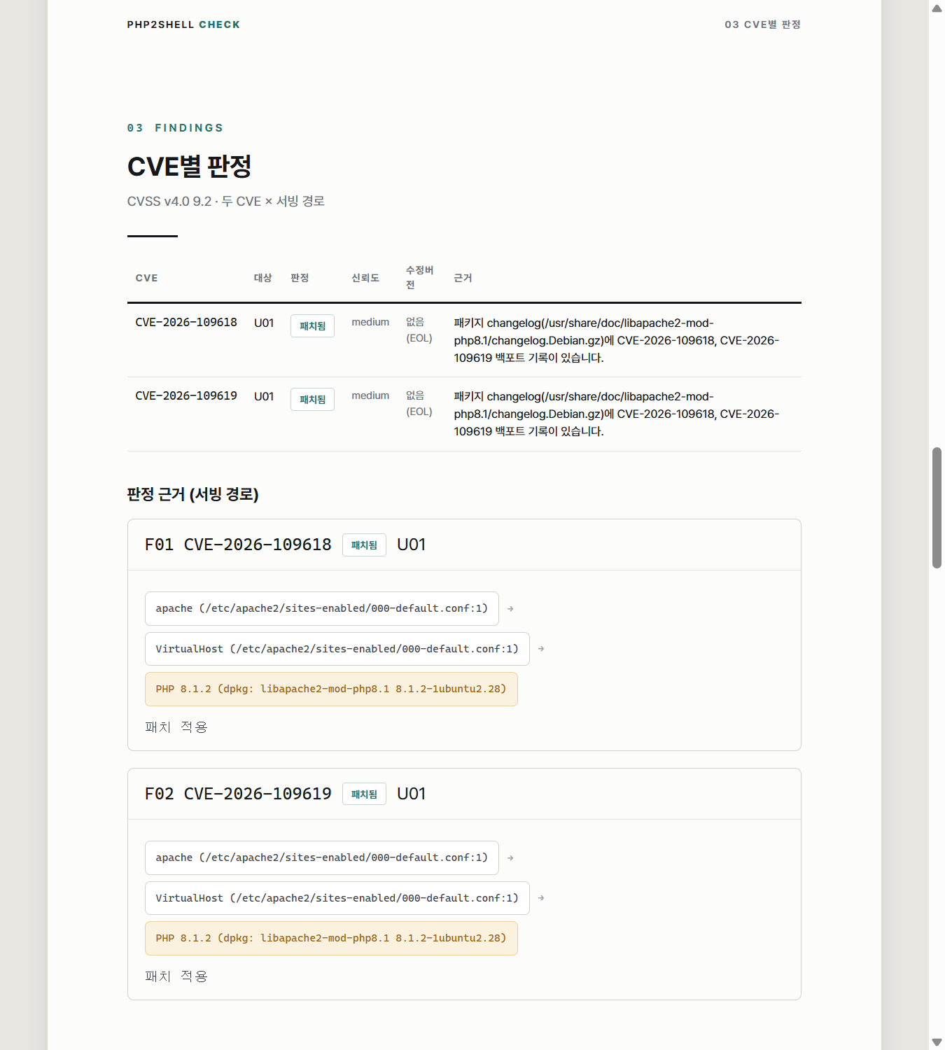 HTML 보고서의 CVE별 판정과 근거 경로